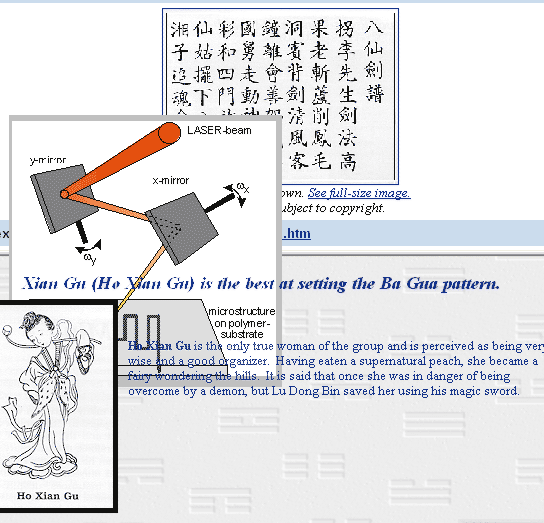 Ho Xian Gu is the only true woman of the group and is perceived as being very wise and a good organizer. Having eaten a supernatural peach, she became a fairy wondering the hills. It is said that once she was in danger of being overcome by a demon, but Lu Dong Bin saved her using his magic sword.